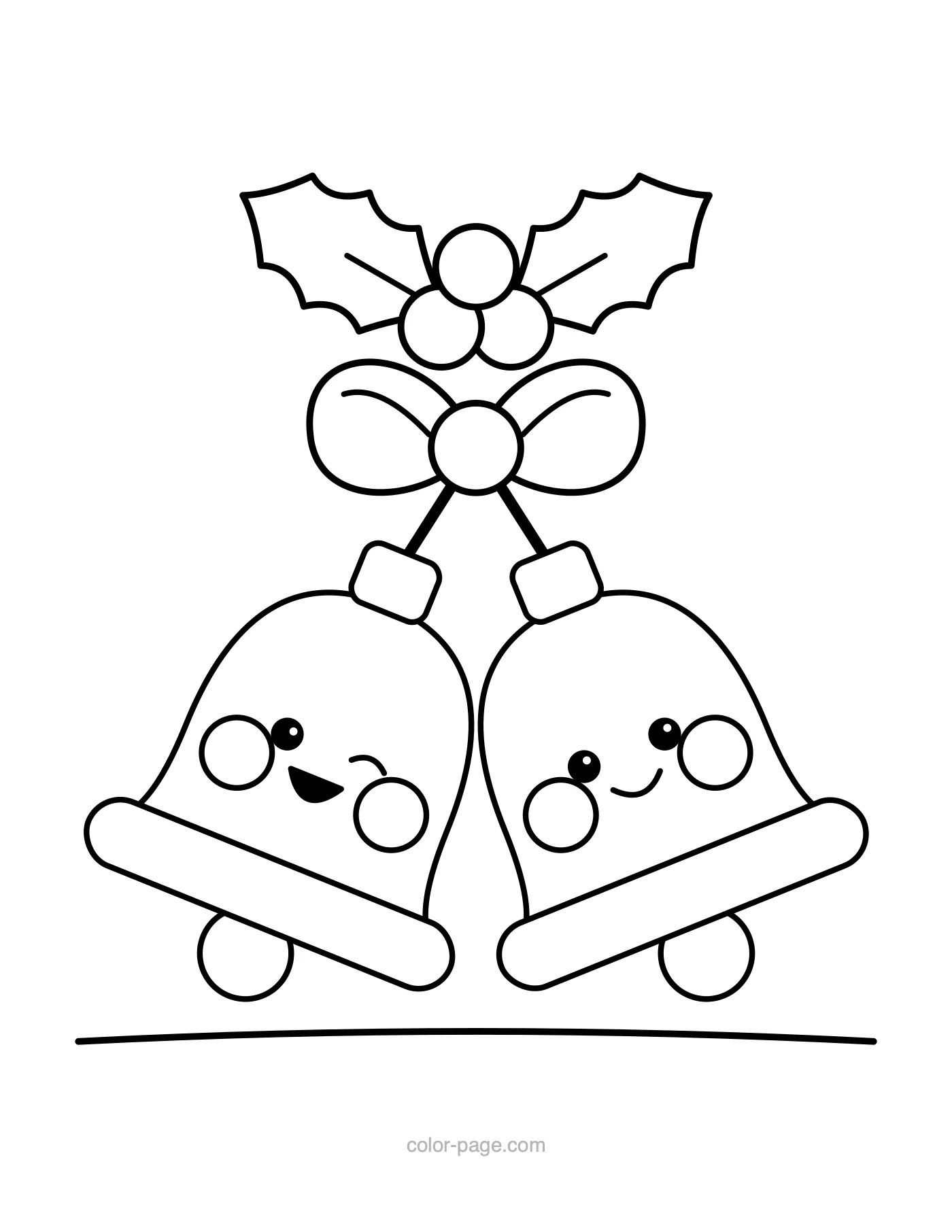Two Christmas jingle bells with a bow and holly coloring page