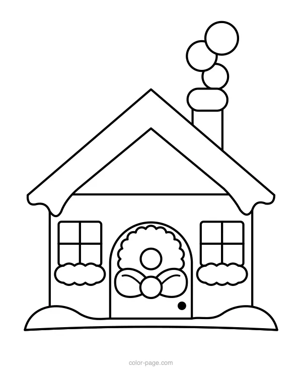 Snowy Christmas cottage with a wreath on the door coloring page