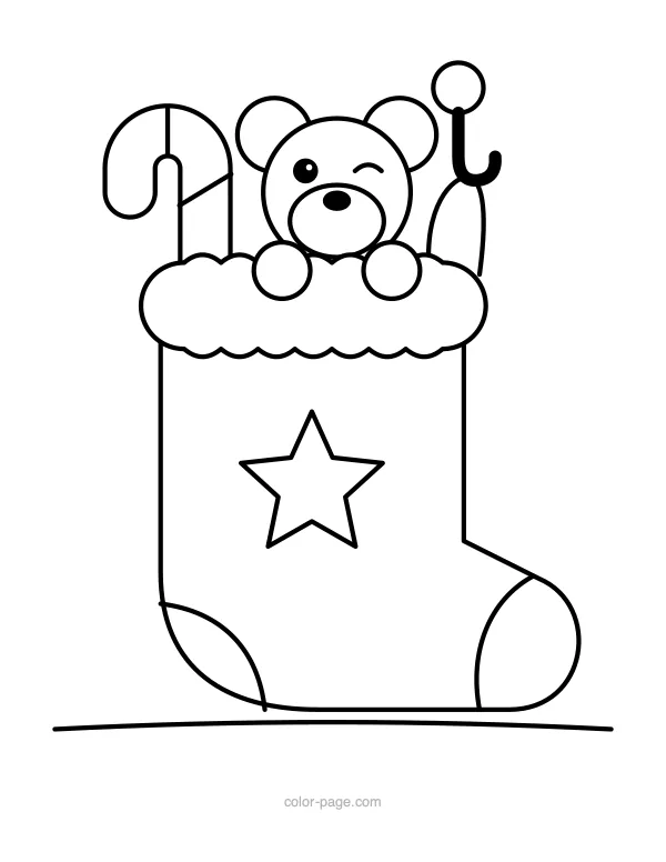 Christmas stocking with a candy cane and teddy bear coloring page