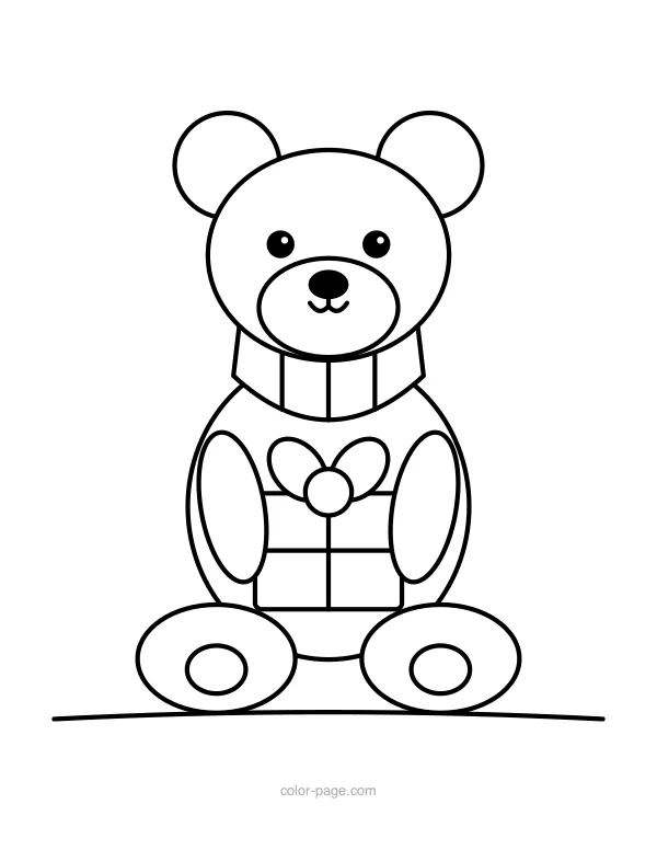 Teddy bear in a scarf holding a Christmas present coloring page