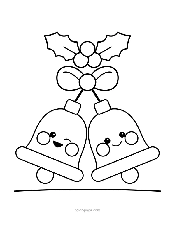 Two Christmas jingle bells with a bow and holly coloring page