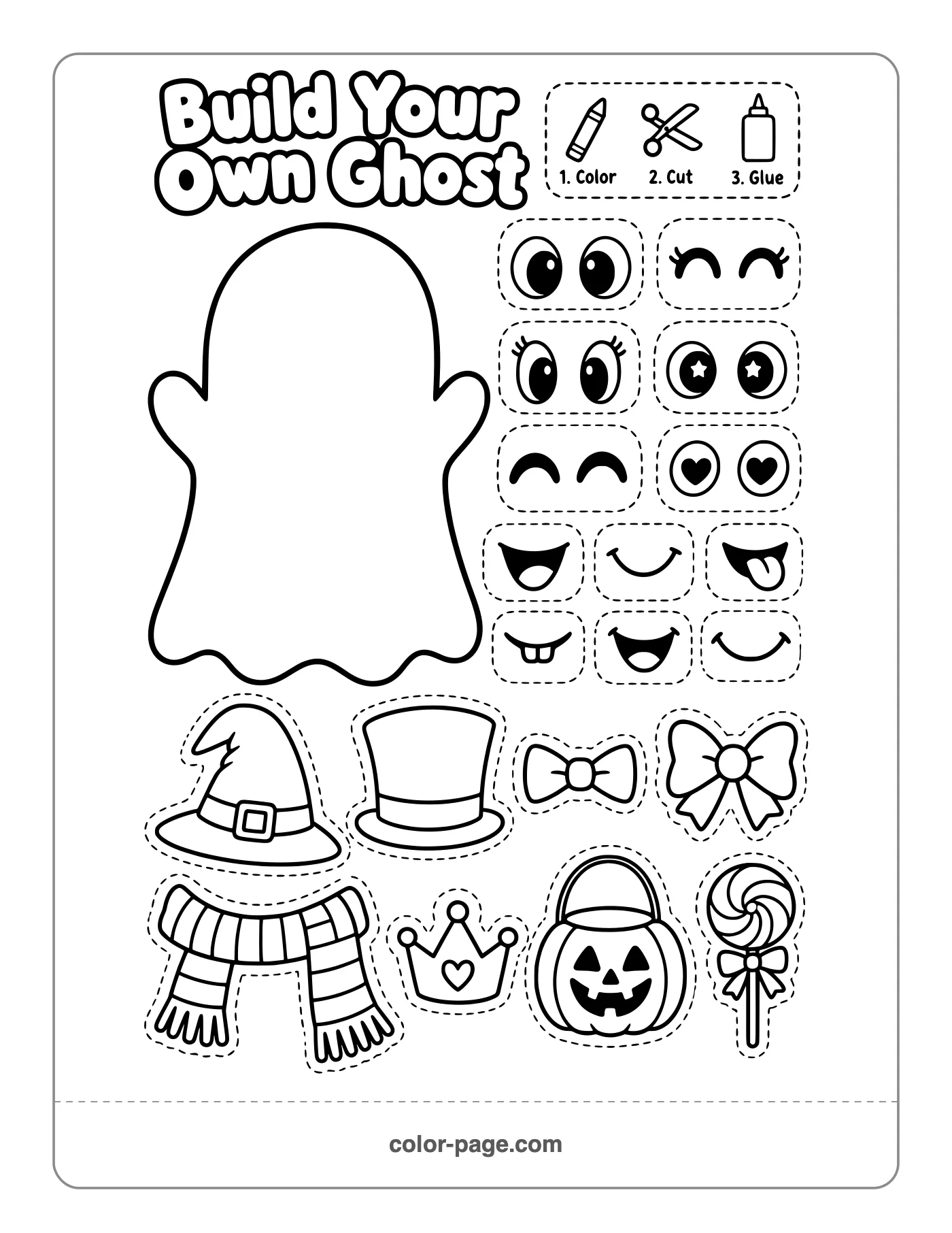 build a ghost cut and paste Halloween activity with eyes, mouths and hats