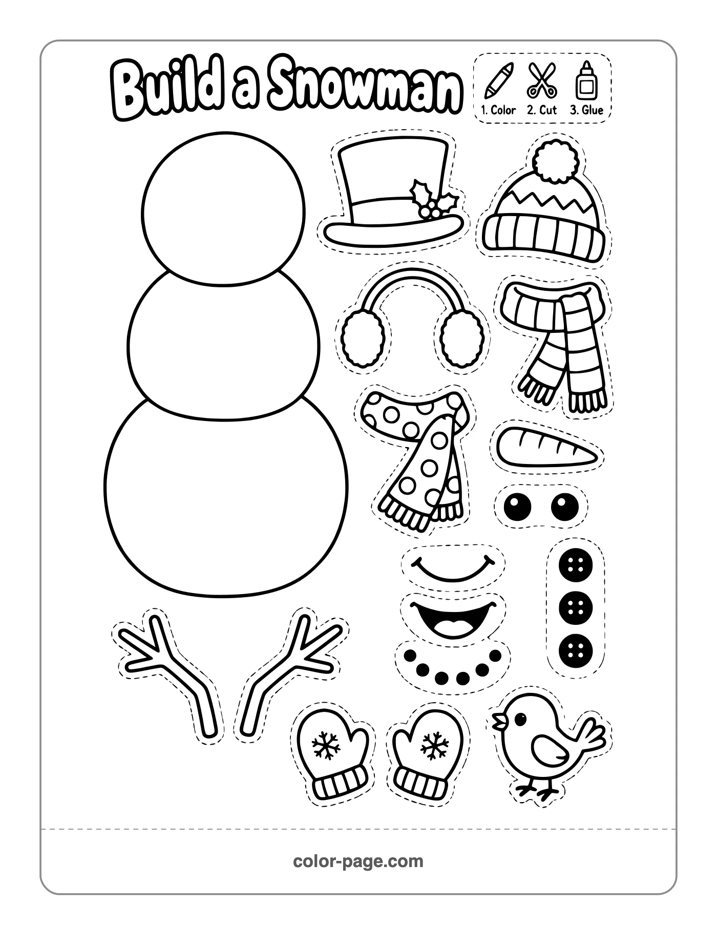 build a snowman cut and paste winter activity with hat, scarf and nose