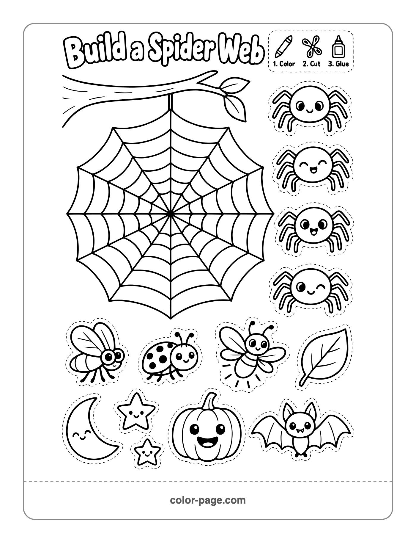 build a spider web cut and paste Halloween activity with cute spiders