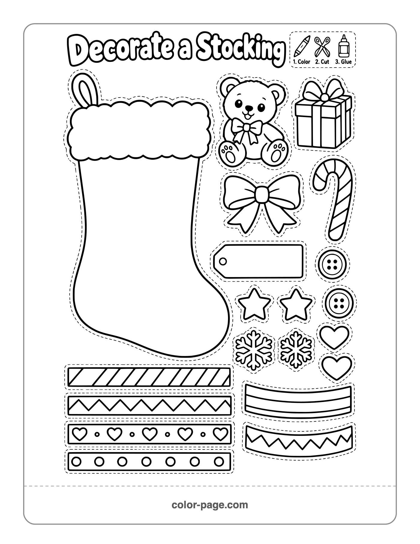 decorate a Christmas stocking cut and paste activity with patterns and toys