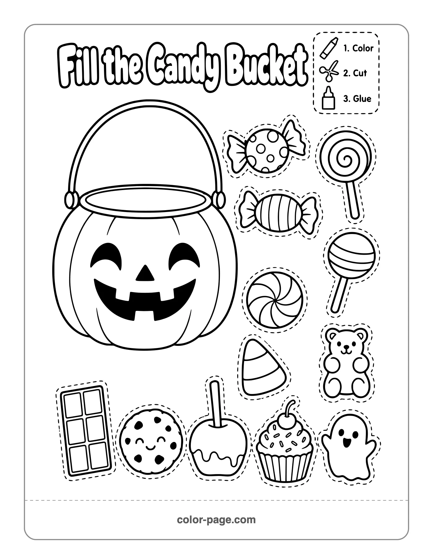 Halloween candy bucket cut and paste activity with candy pieces