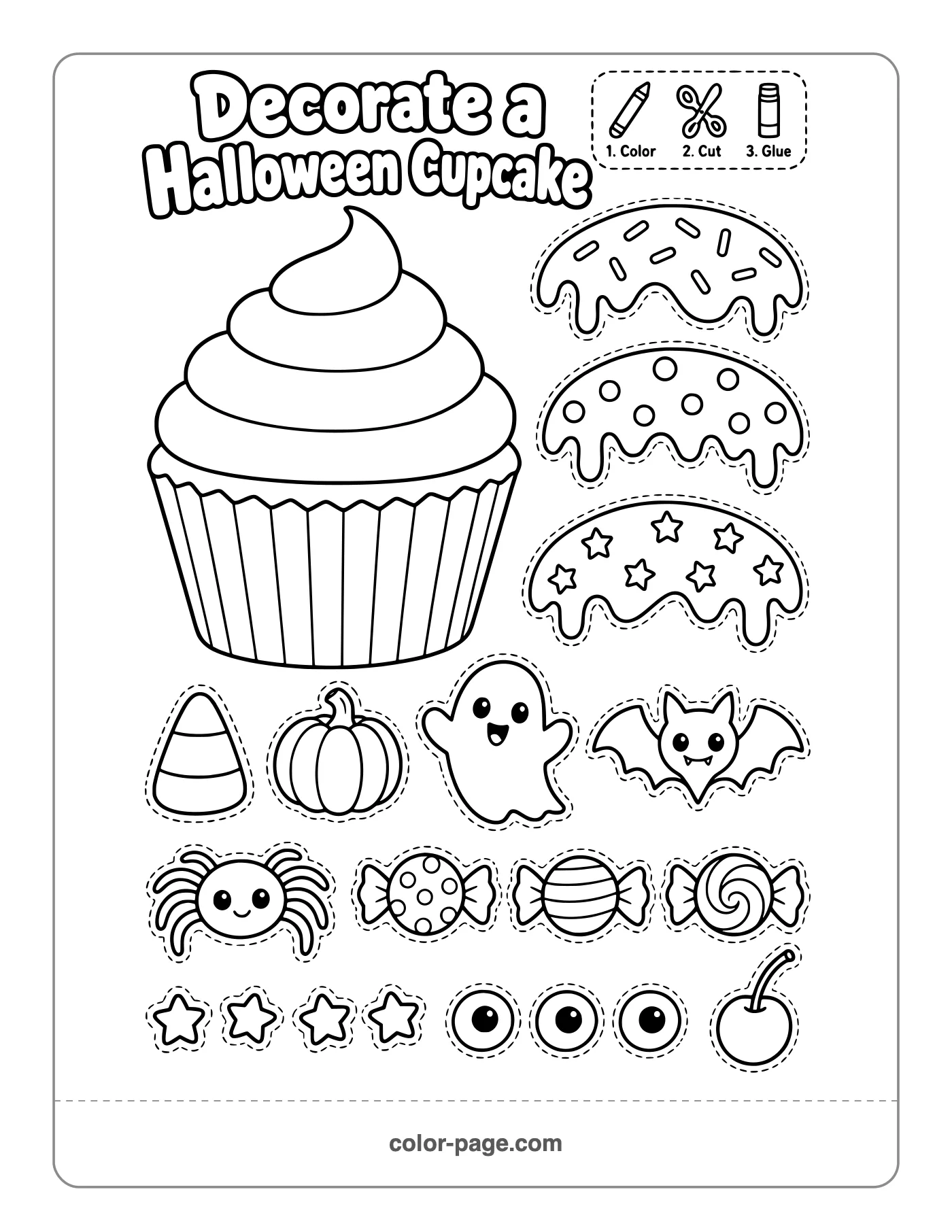 decorate a Halloween cupcake cut and paste activity with toppings