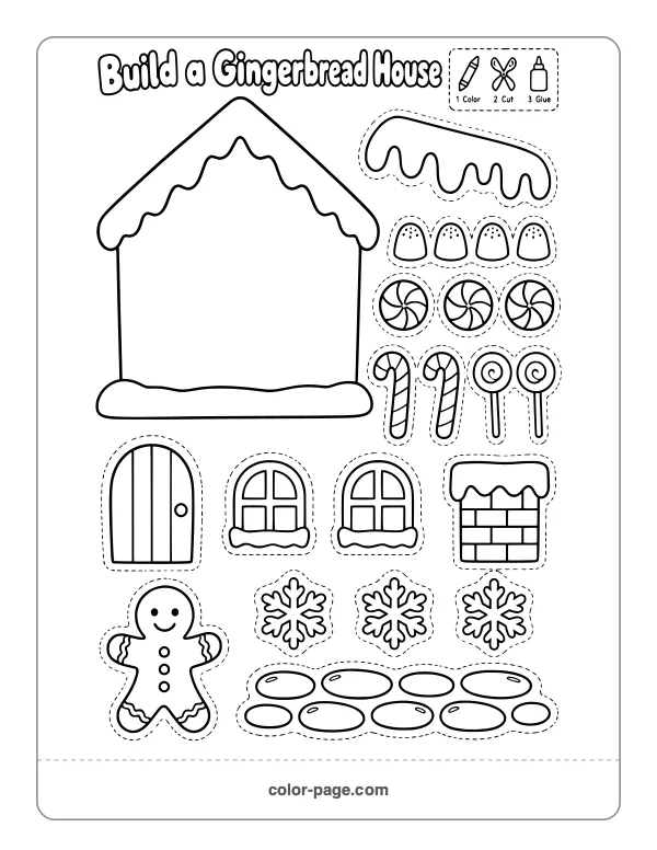 build a gingerbread house cut and paste Christmas activity with candy pieces