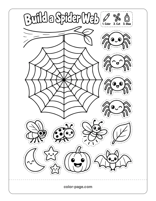 build a spider web cut and paste Halloween activity with cute spiders
