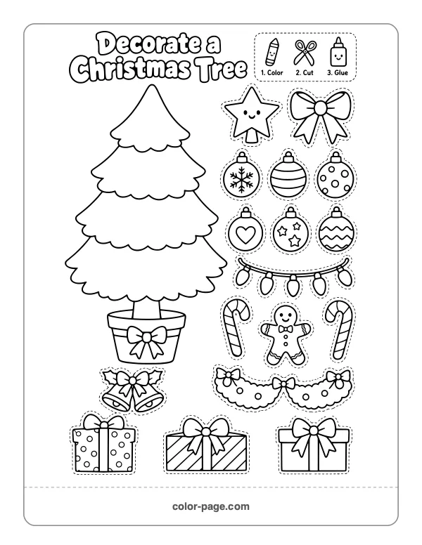 decorate a Christmas tree cut and paste activity with ornaments and star