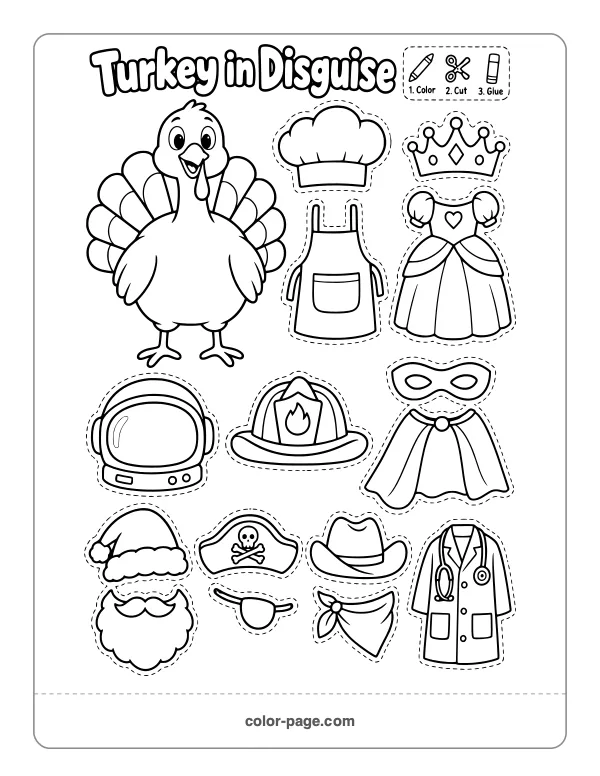 turkey in disguise template cut and paste activity with costume pieces