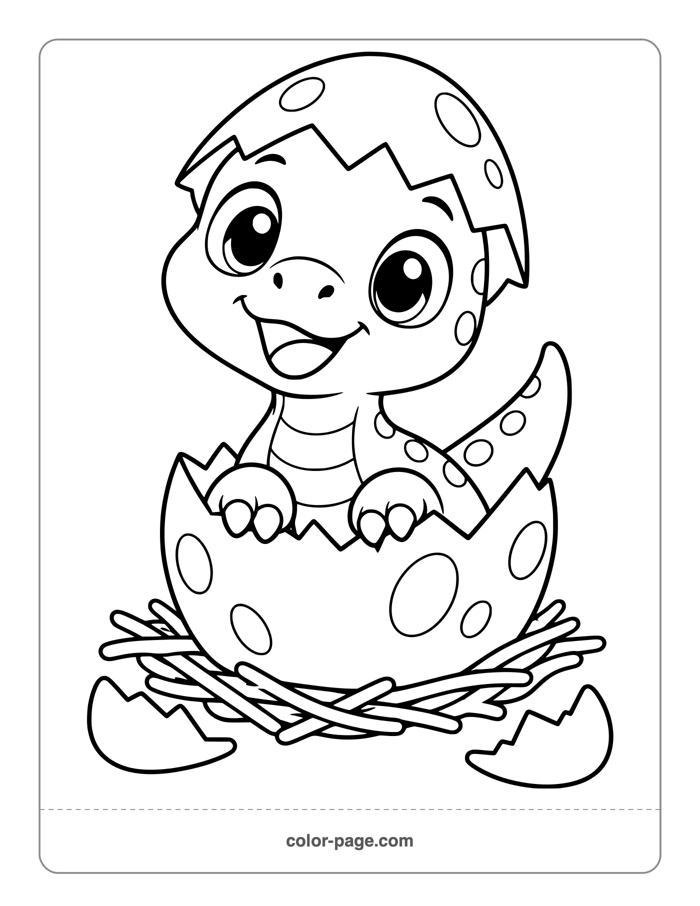 Cute baby dinosaur hatching from a cracked egg coloring page