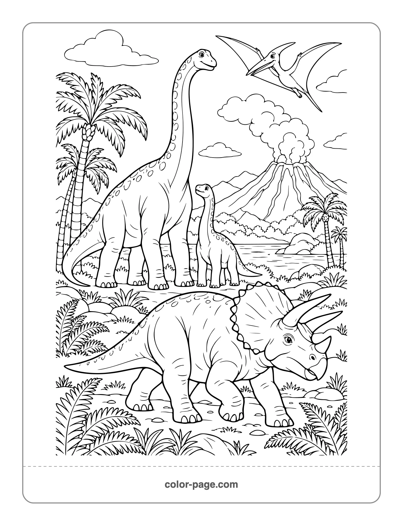 Dinosaurs in front of a volcano scene coloring page