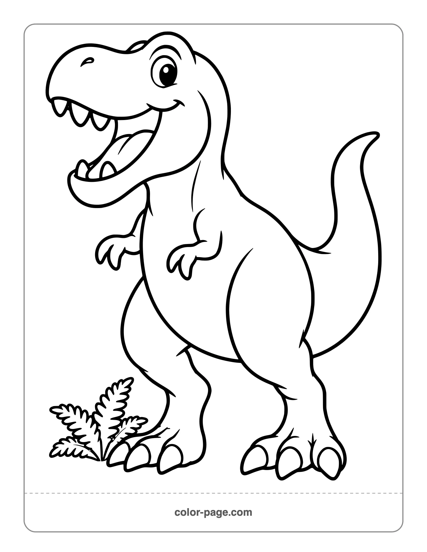 Friendly T. rex dinosaur roaring coloring page for kids
