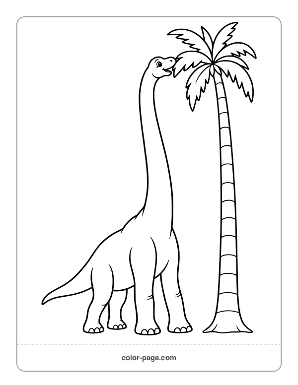 Long-necked Brachiosaurus eating leaves from a tree coloring page