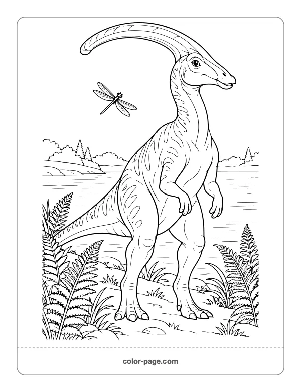 Parasaurolophus with its long head crest coloring page