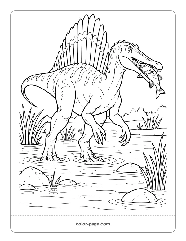 Spinosaurus with a back sail catching a fish coloring page