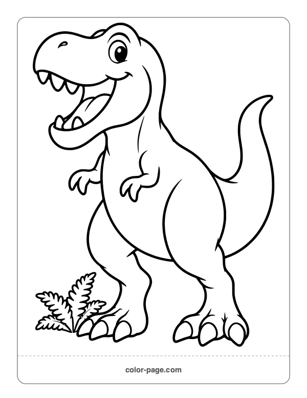 Friendly T. rex dinosaur roaring coloring page for kids