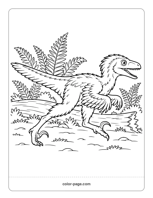 Velociraptor running past ferns coloring page