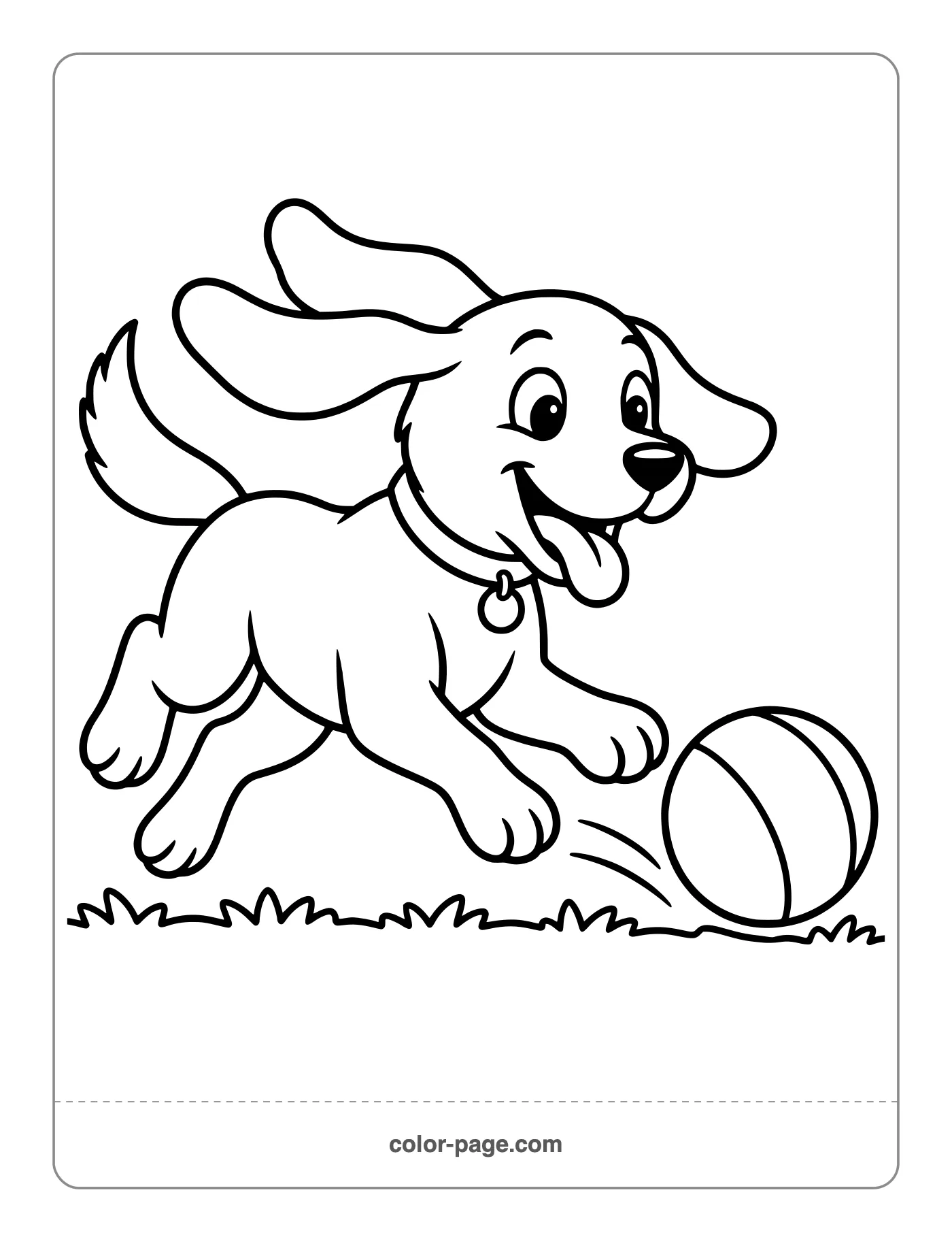 Dog running after a ball coloring page