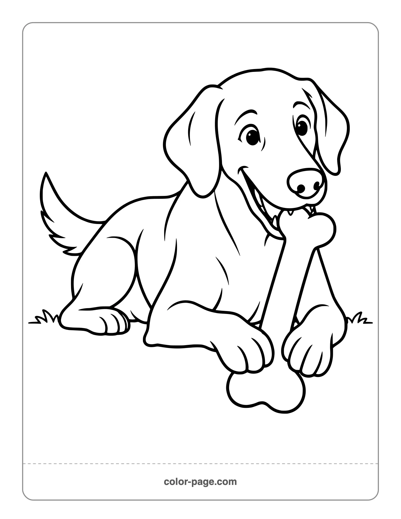 Dog lying down chewing a bone coloring page