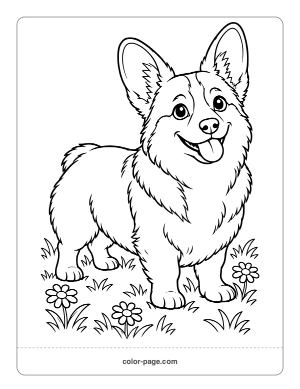 Corgi dog standing in the grass coloring page