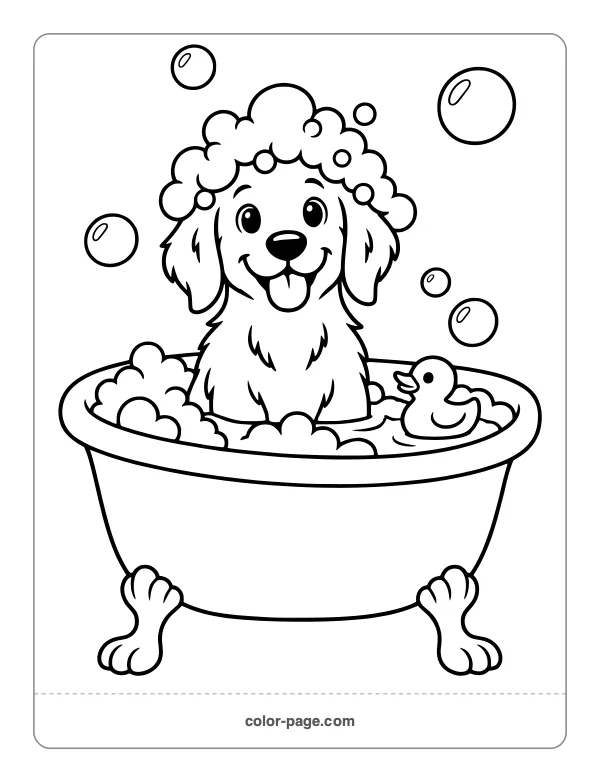 Dog taking a bubble bath coloring page