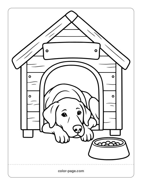 Dog resting in its doghouse coloring page