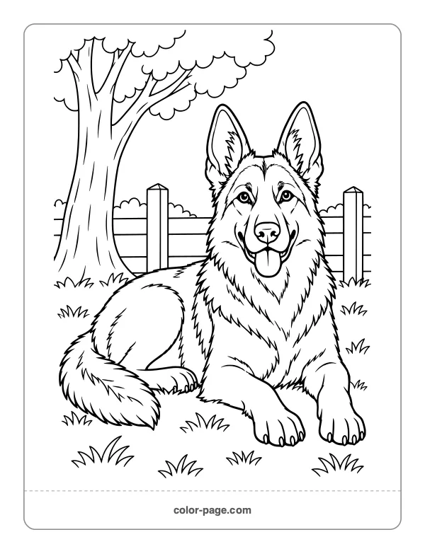 German Shepherd dog lying down coloring page