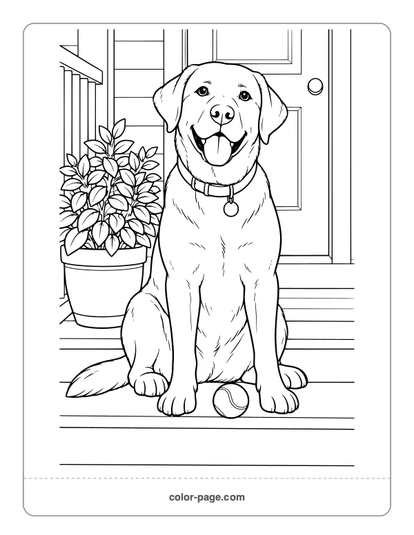 Labrador retriever sitting with a tennis ball coloring page