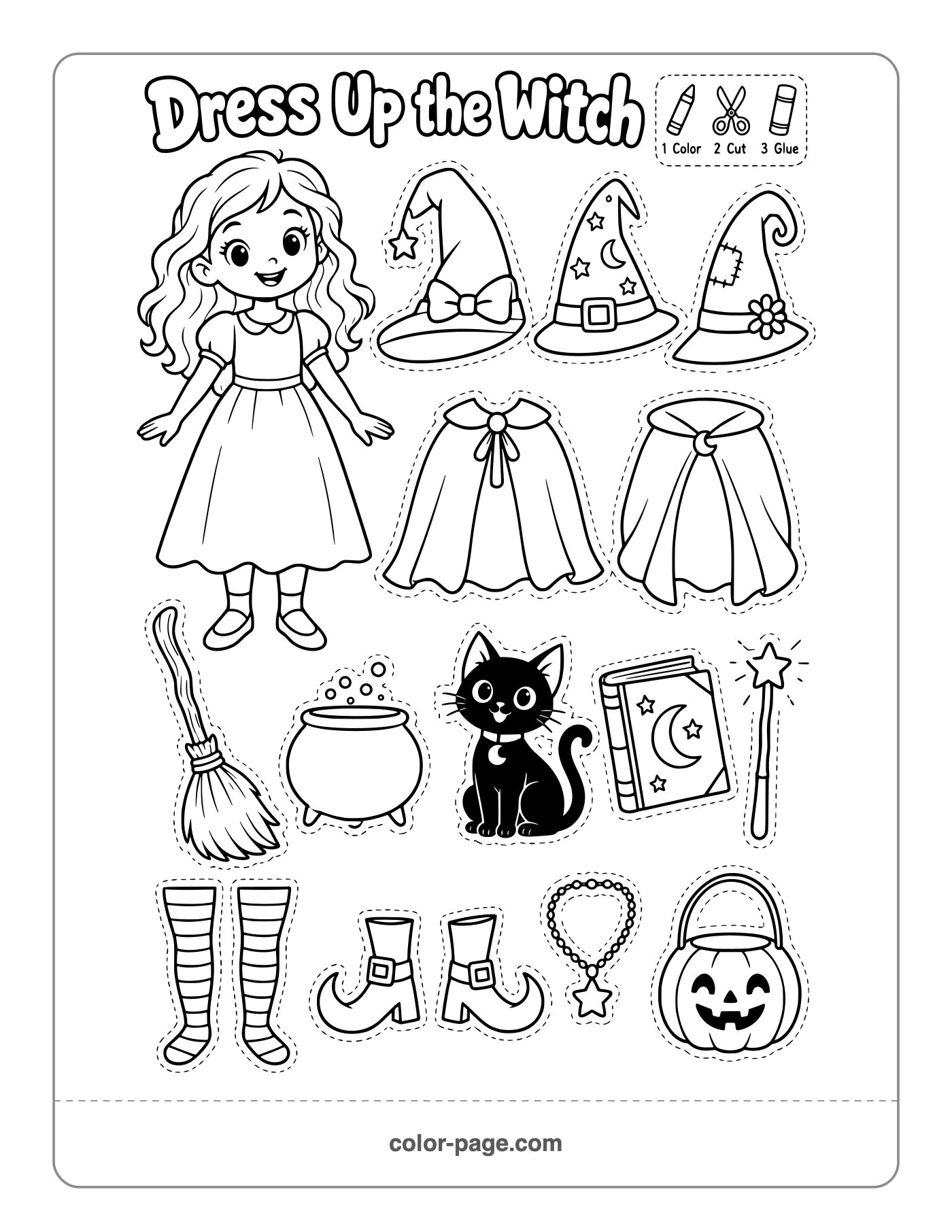 dress up the witch Halloween paper doll printable with hats, capes and broom