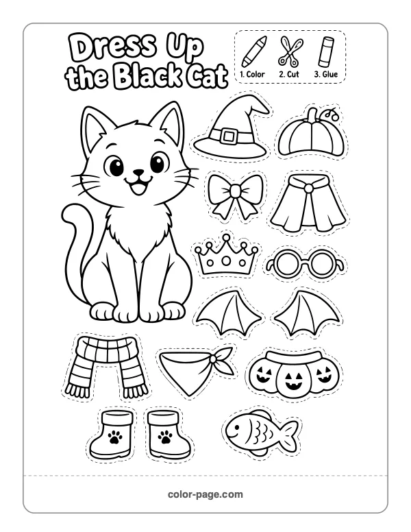 dress up the black cat Halloween printable with hats and costumes to cut out