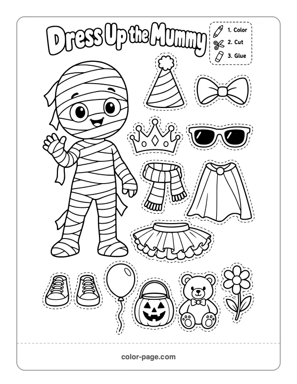 dress up the mummy Halloween printable with accessories to cut out