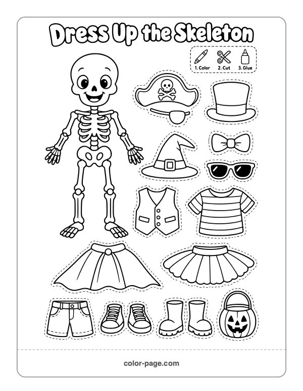 dress up the skeleton Halloween printable with clothes and hats to cut out