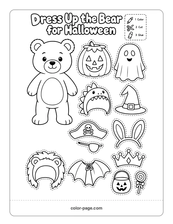 dress up the teddy bear in Halloween costumes printable