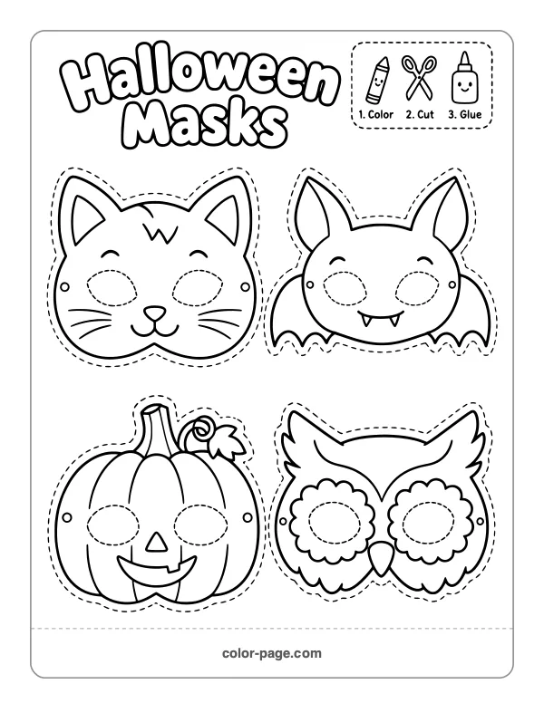 printable Halloween masks to color and cut out, cat bat pumpkin and owl
