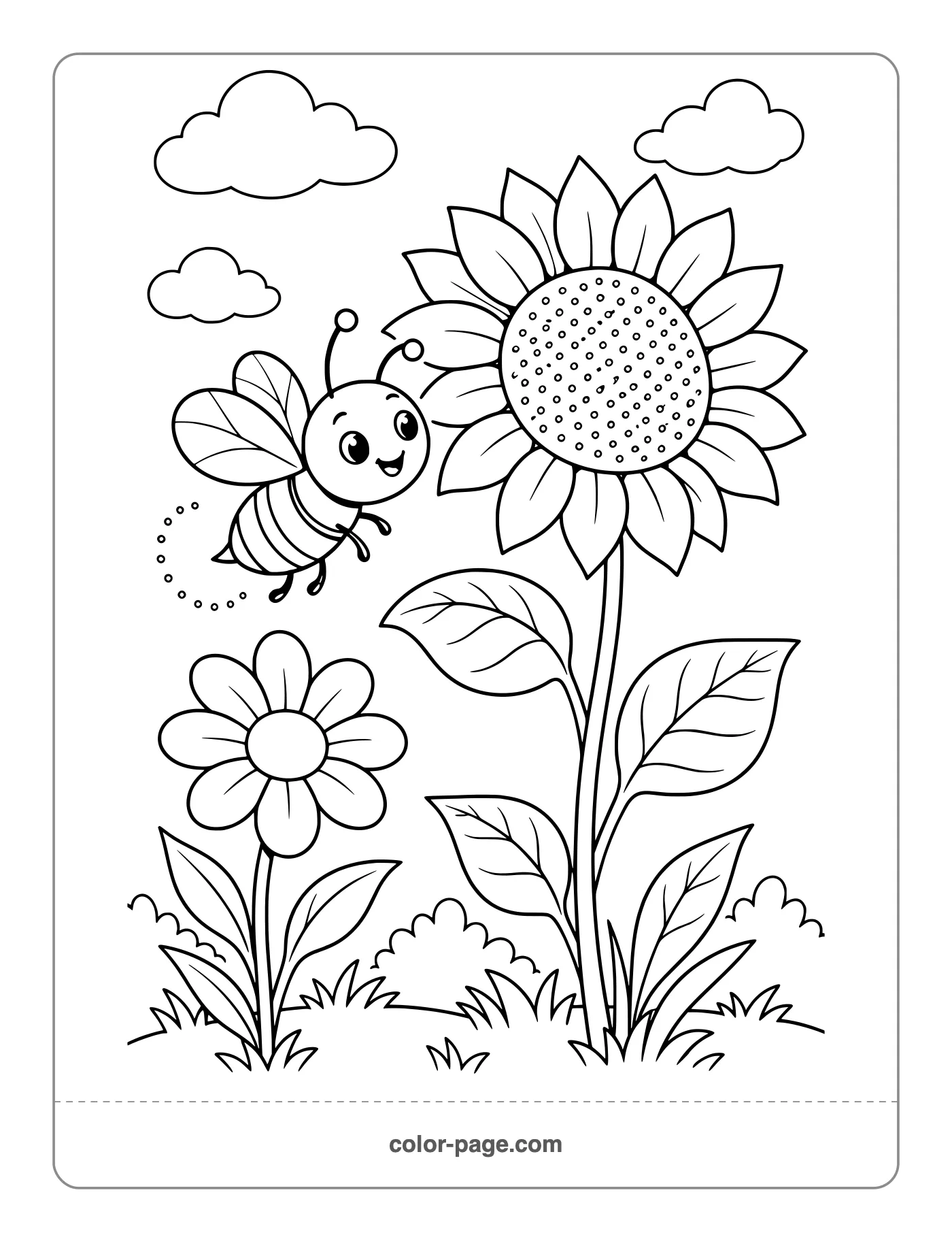 Cute bee flying by a big sunflower coloring page
