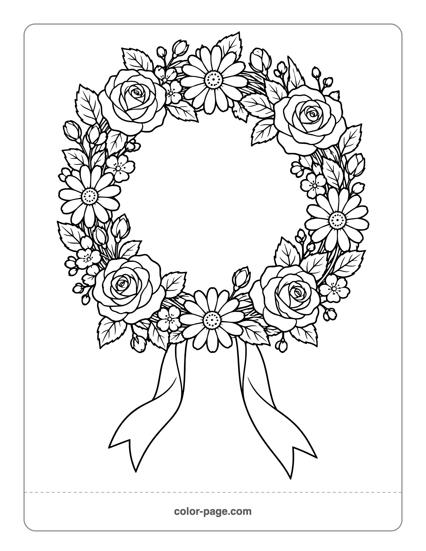 Round flower crown with roses and daisies coloring page