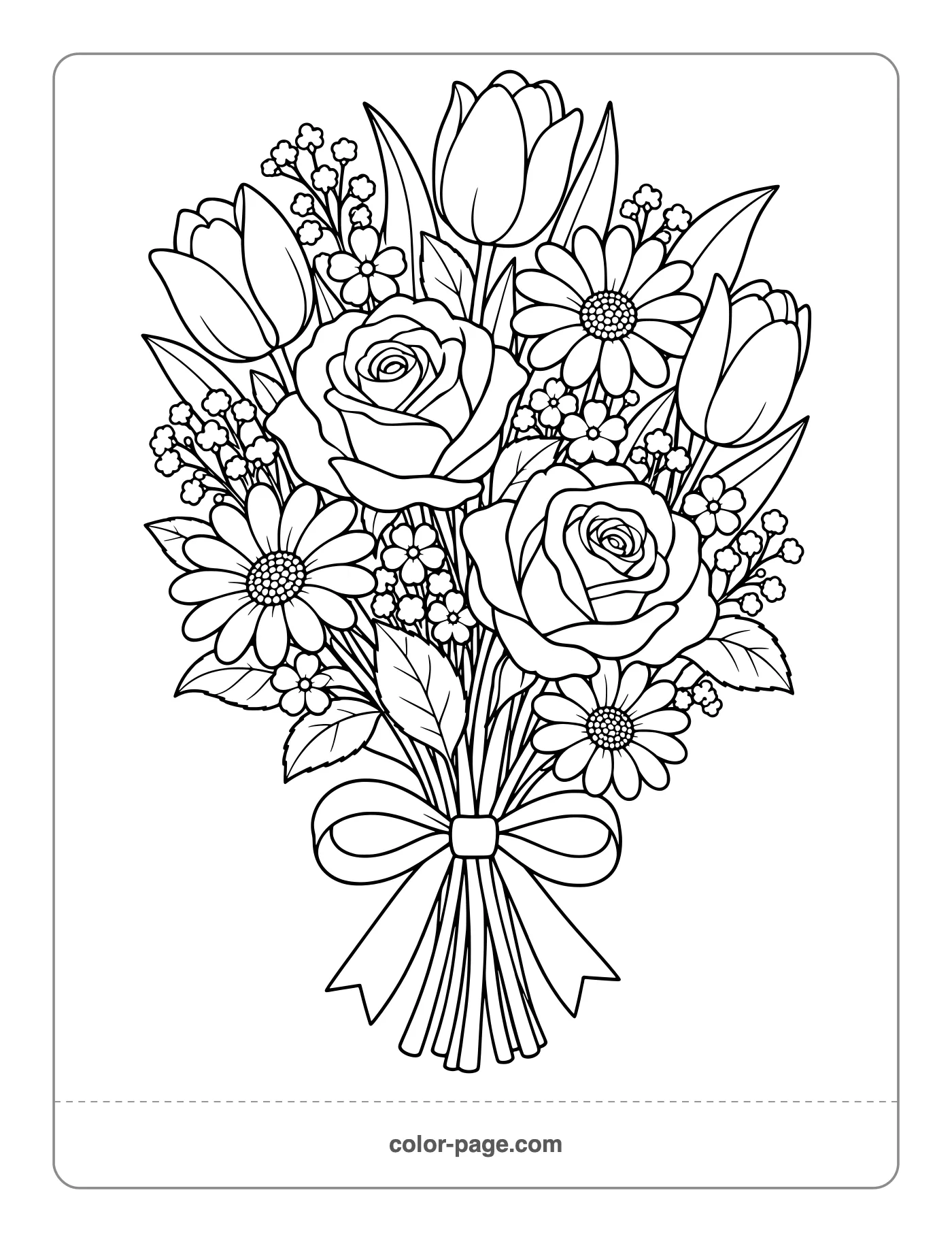 Flower bouquet of roses, tulips and daisies with a bow coloring page
