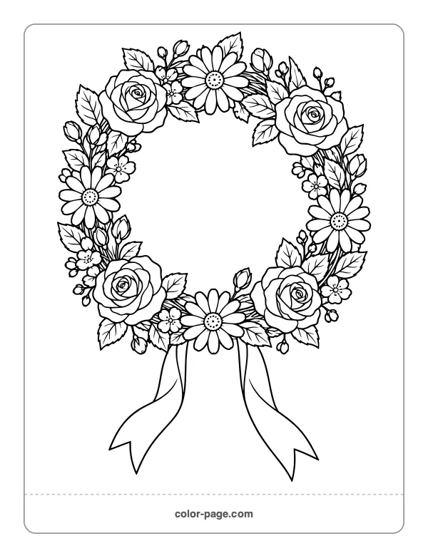 Round flower crown with roses and daisies coloring page