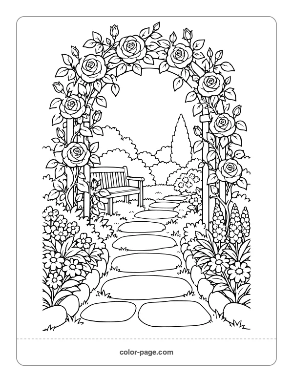 Garden arch covered in climbing roses coloring page