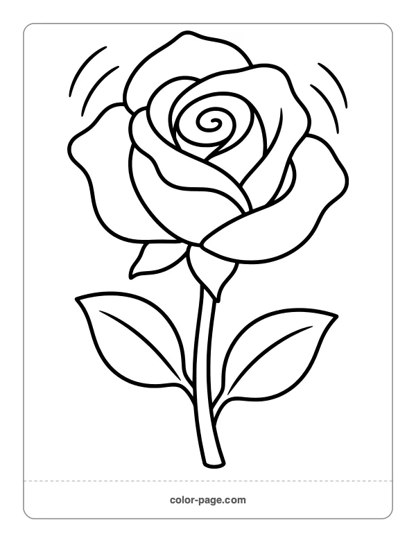 Single rose on a long stem with leaves coloring page