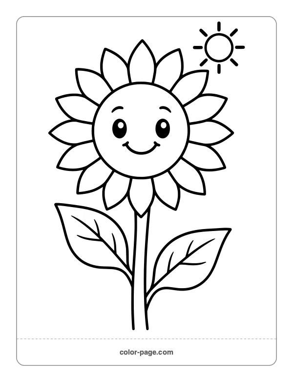 Smiling sunflower with a happy face coloring page