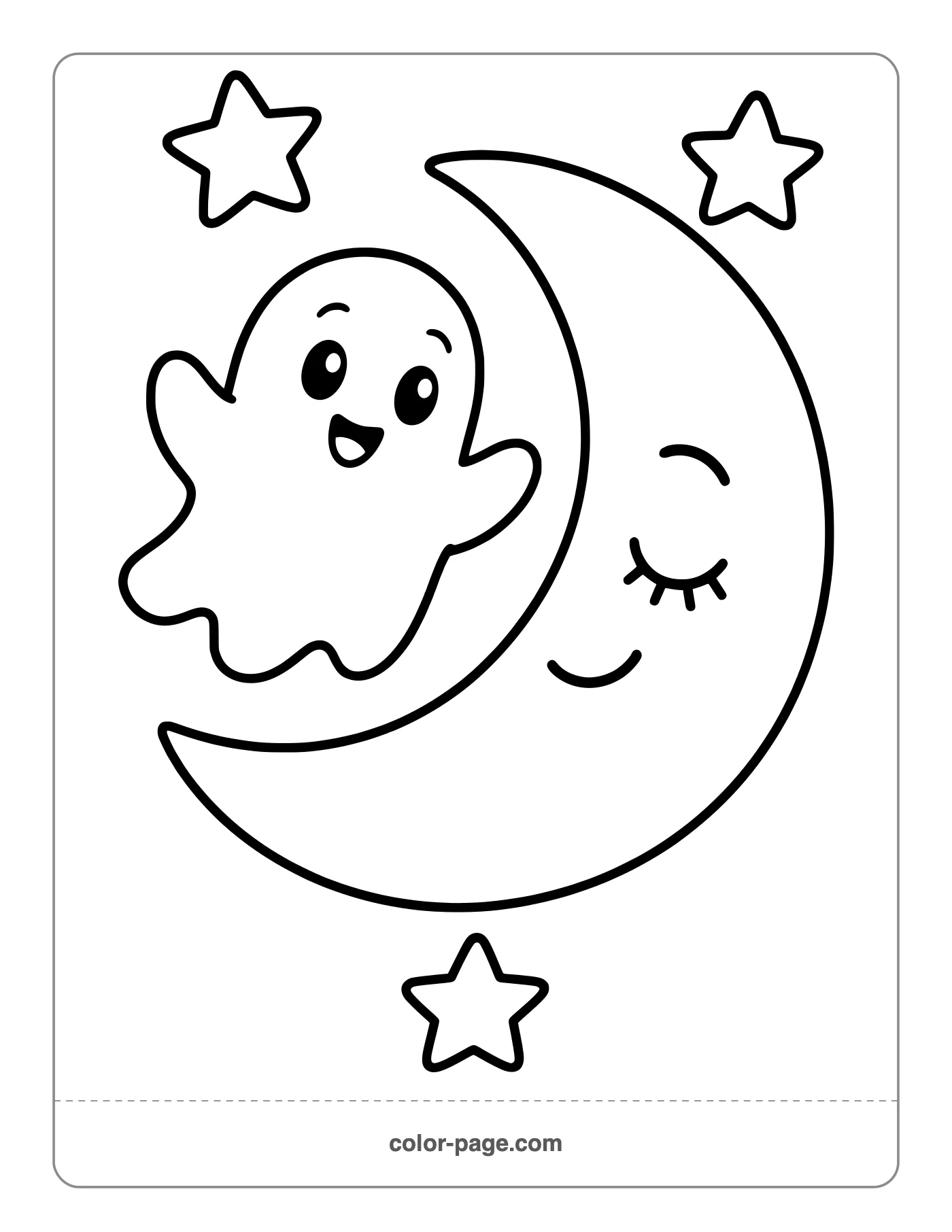 Ghost floating next to a crescent moon coloring page