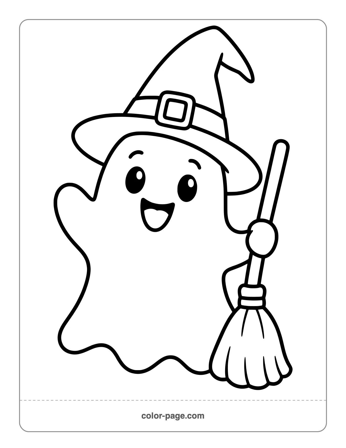 Ghost wearing a witch hat with a broom coloring page