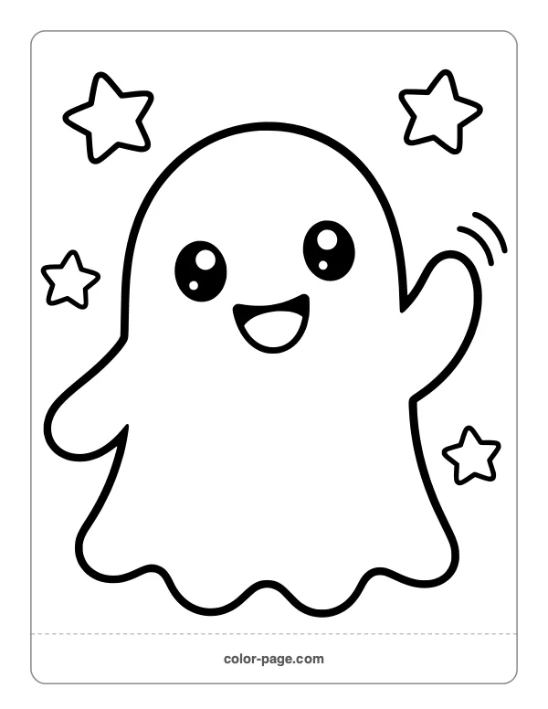 Cute friendly ghost waving coloring page