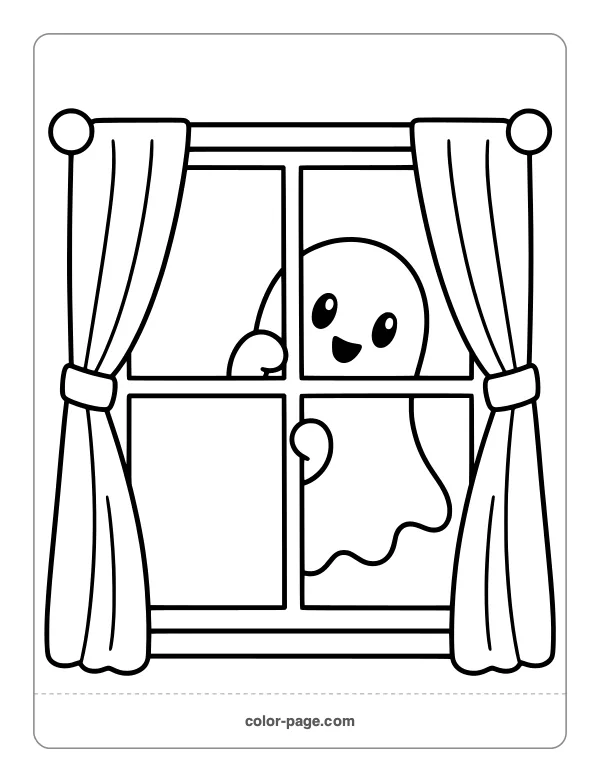 Ghost peeking out of a window coloring page