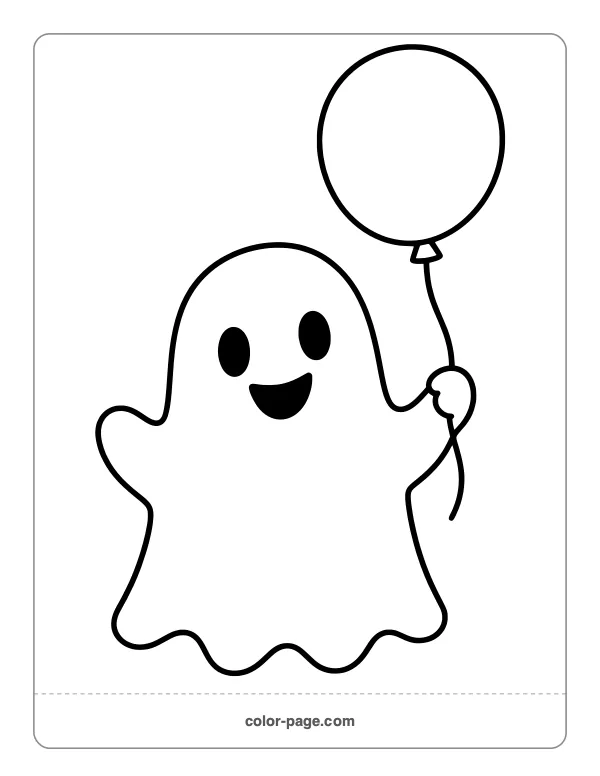 Happy ghost holding a balloon coloring page