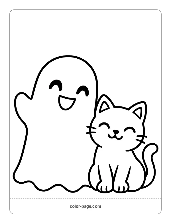 Ghost and a cat sitting together coloring page