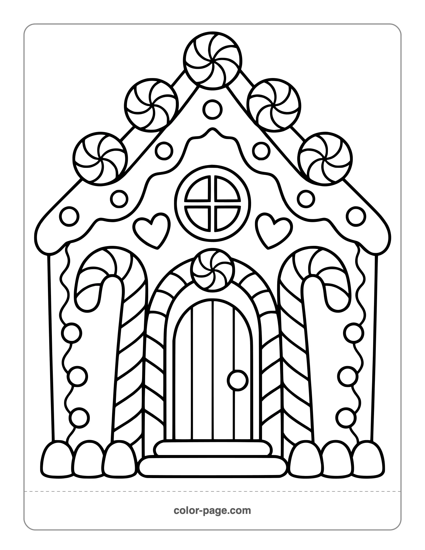Gingerbread house with candy canes and peppermints coloring page